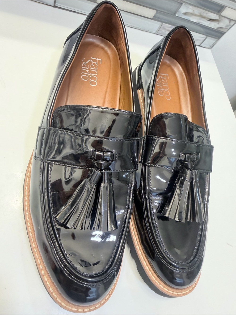 Franco Sarto Black Patent Tassel Penny Loafers